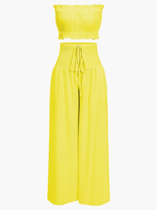 Micas Pants - Smocked High-Waist Wide Leg Pants - Yellow